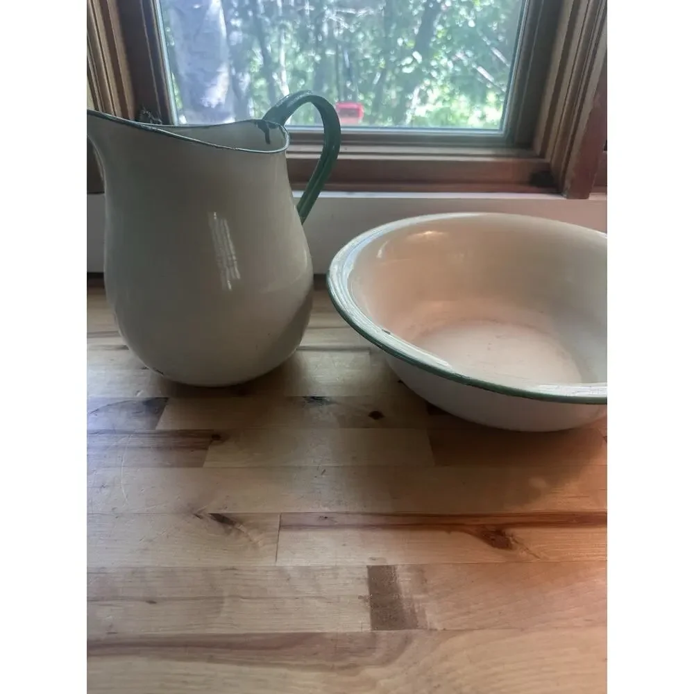 Vintage Enamelware Pitcher and Basin Wash Set Cream Green Rim Farmhouse Antique